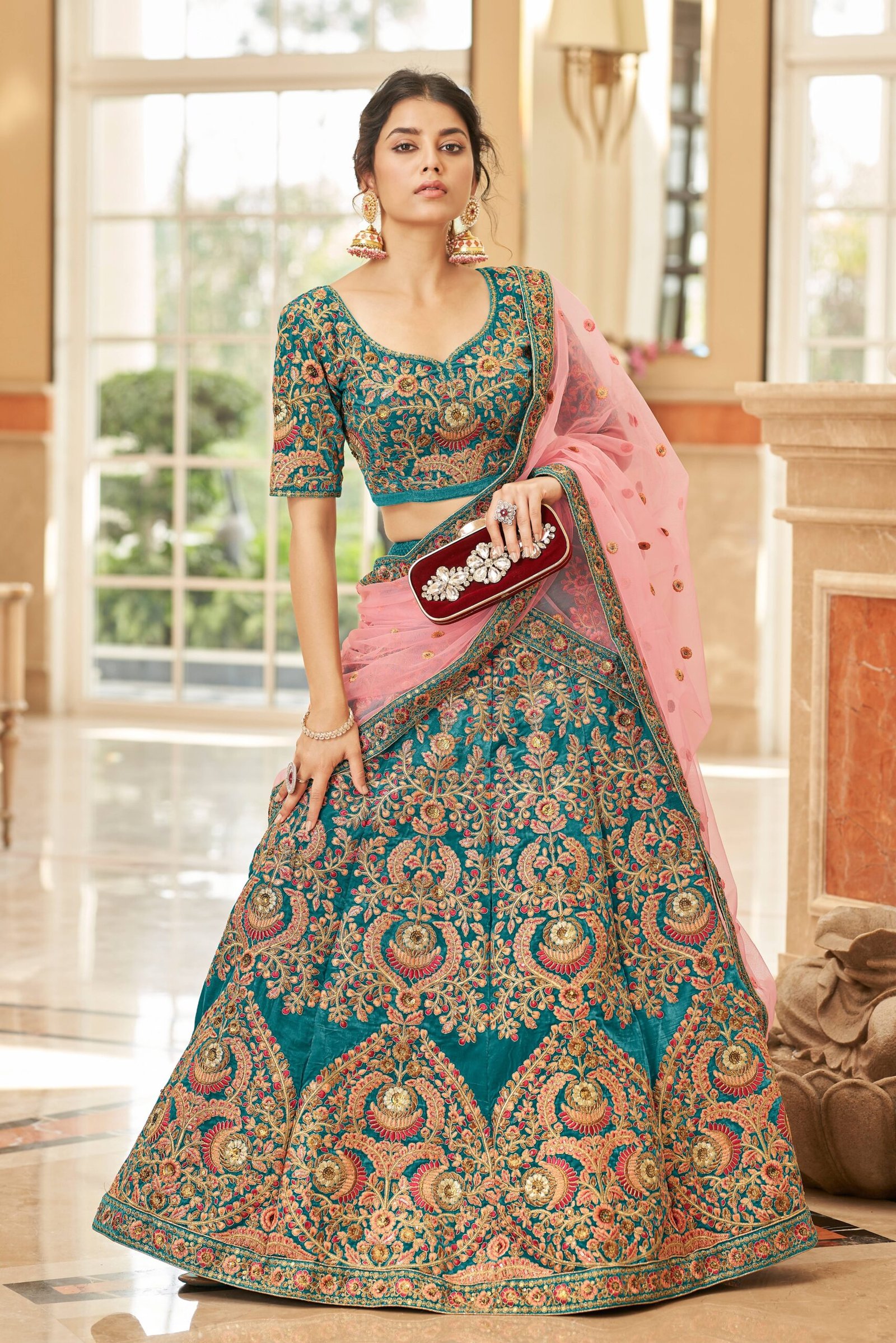 Multi Color Lehenga Choli Cultural Wedding, Blue and Pink