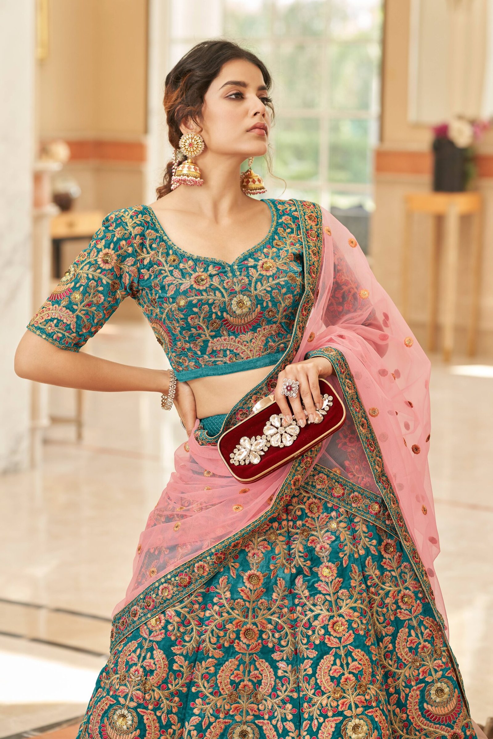 Multi Color Lehenga Choli Cultural Wedding, Blue and Pink