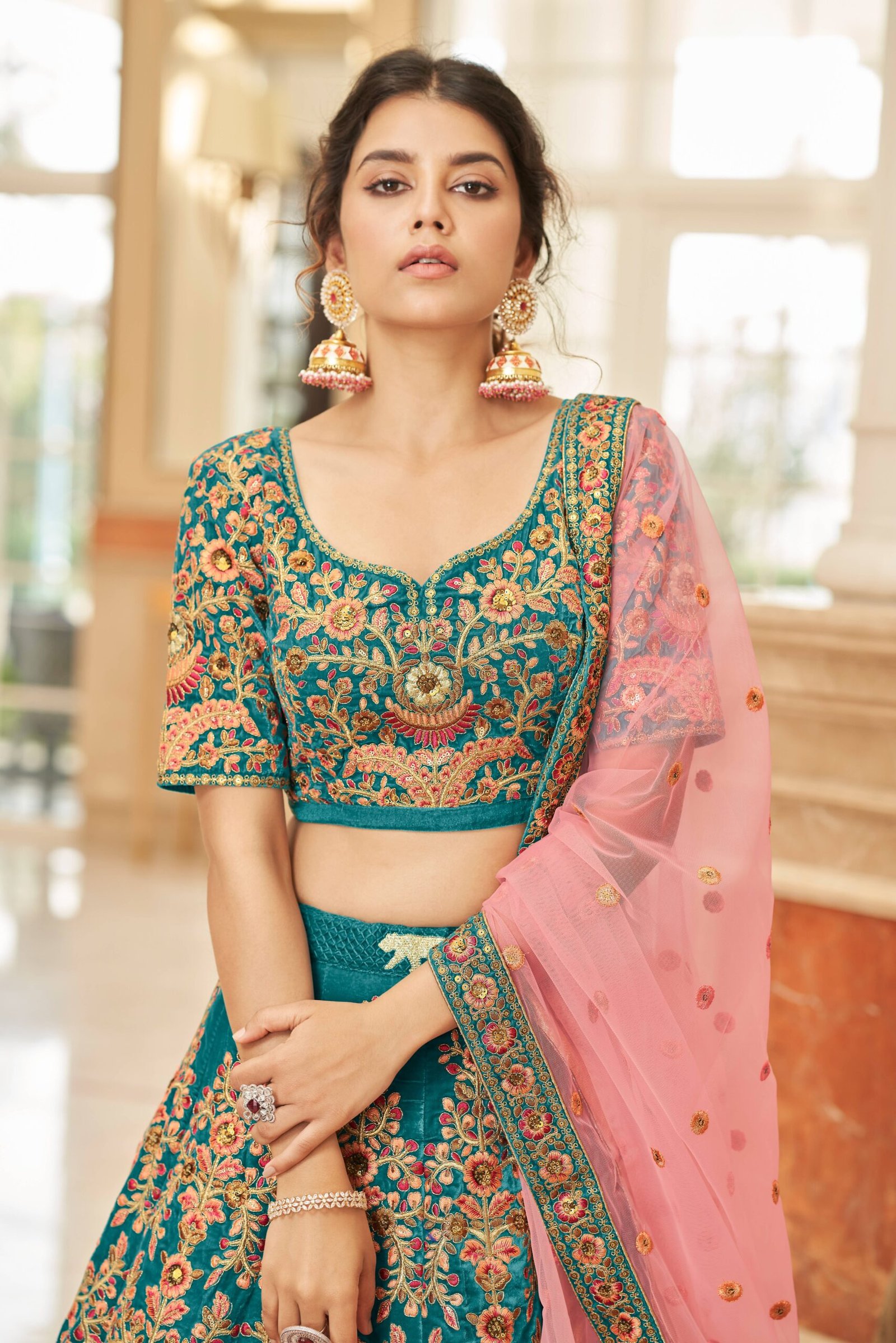 Multi Color Lehenga Choli Cultural Wedding, Blue and Pink