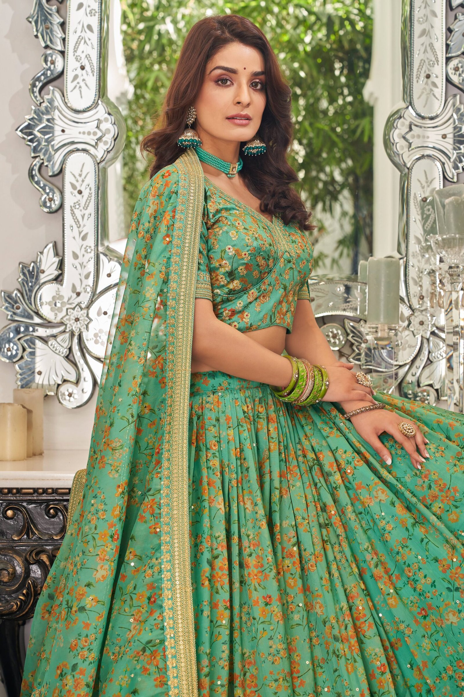 SALE! Lime Green Aesthetic Lehenga Choli Semi-Stitched - Image 5