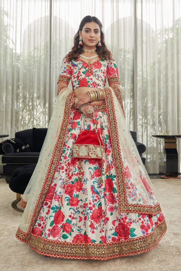 Floral Rose Beige White Lehenga Choli Semi-Stitched