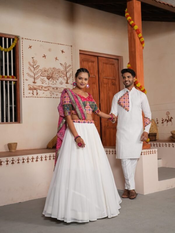 White Navratri Lehenga Choli Couple