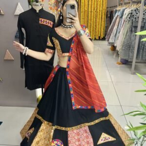 Elegant Couple Traditional Navratri Black Rang Tali Lehenga Chaniya Choli and Men Kurta Pair